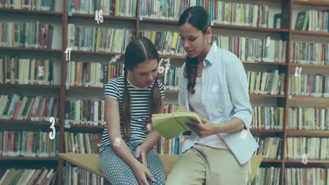 composición digital de múltiples números y símbolos flotando contra la maestra y el estudiante leer