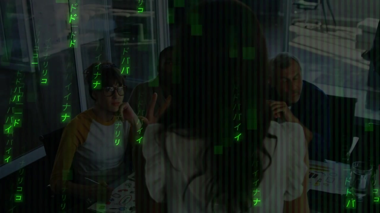 Standing woman speaking, activating green code overlay growing over faces, visualizing tech data