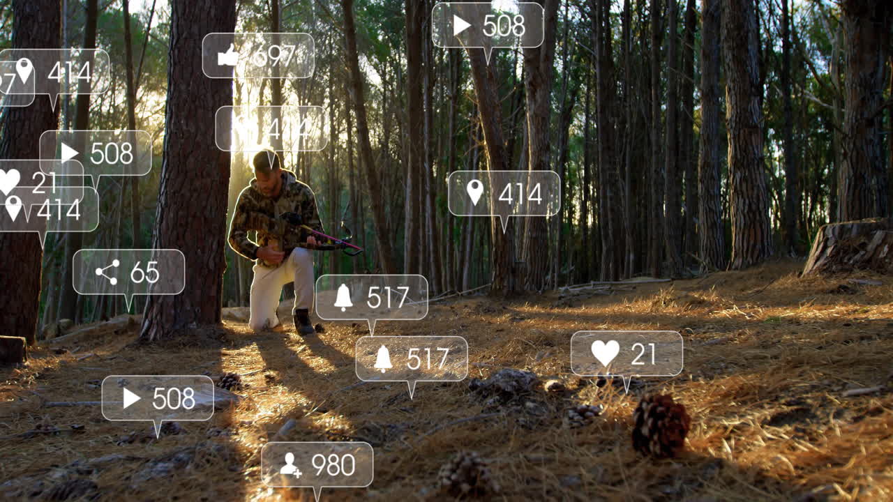 male kneeling aiming crossbow in pine forest at sunset, showing floating marketing icons