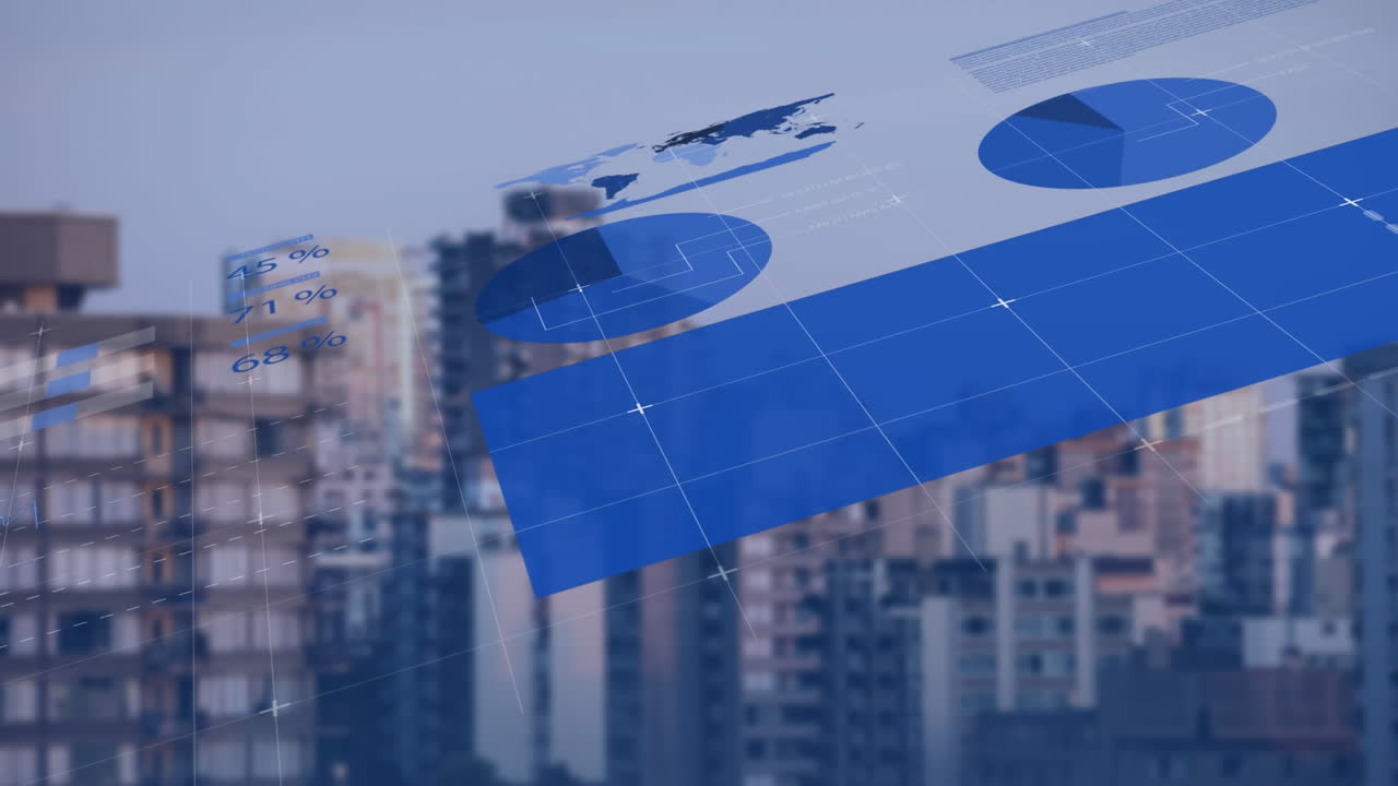 animación del procesamiento de datos estadísticos frente a una vista aérea de edificios altos