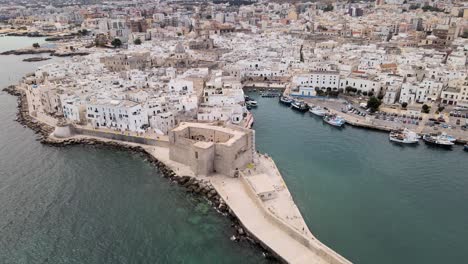 Toma-Aérea-De-Un-Castillo-Con-Un-Muro-En-La-Costa-De-Monopoli,-Italia