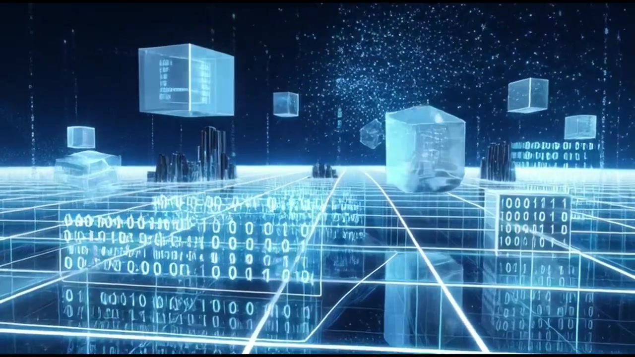 Digital Data Visualization with Floating Cubes and Binary Code