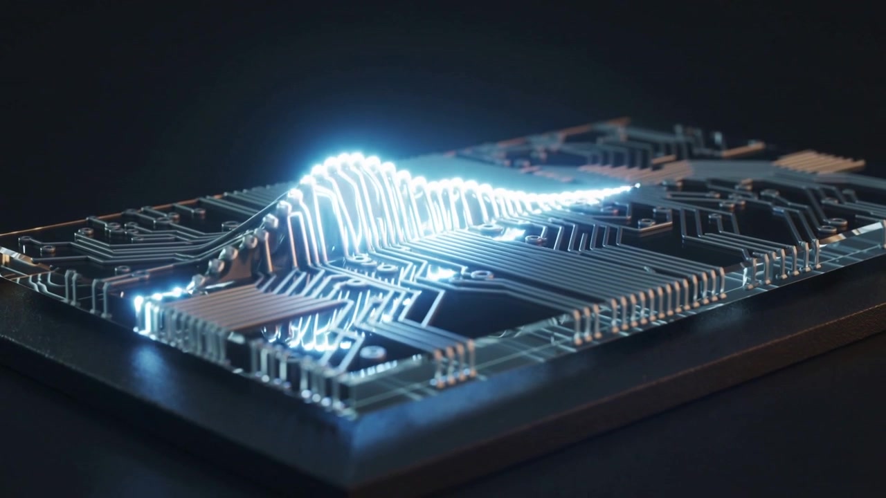 Initiating blue pulse at left-front edge, traveling across PCB on matte base, showing signal flow