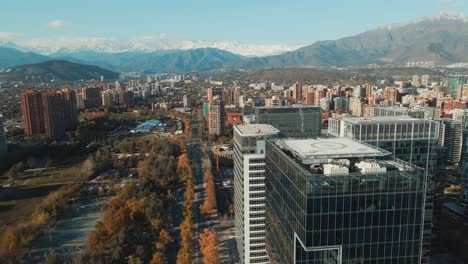 commercial buildings of nueva las condes and araucano park in las condes district, santiago city, chile overlooking a majestic view of mountain ranges