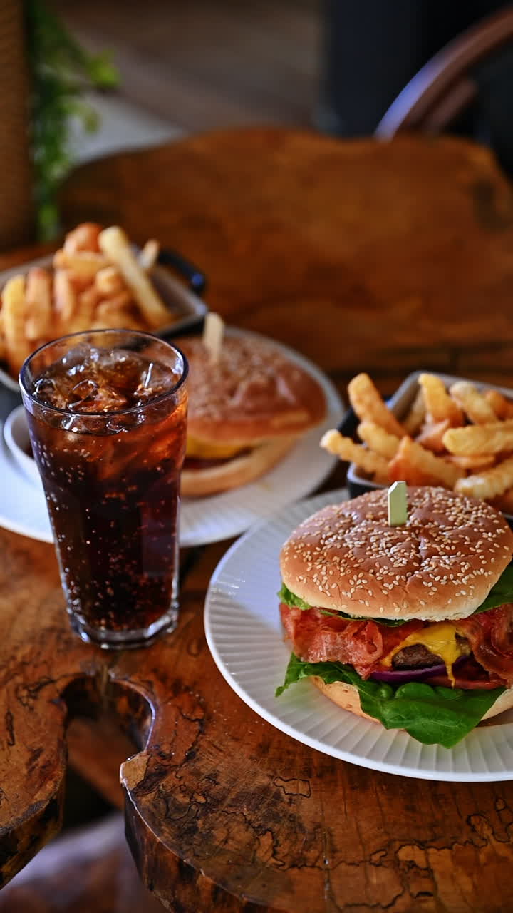Burger with fries and cola drink served on wooden table. Juicy cheeseburger with fries and glass of cola in cafe with soft background light