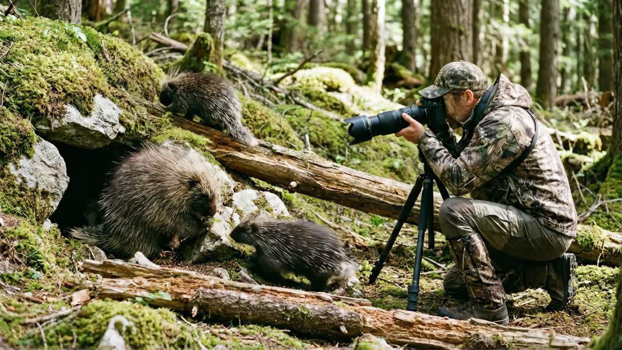 ヤマアラシを森林の巣穴で撮影する野生動物写真家