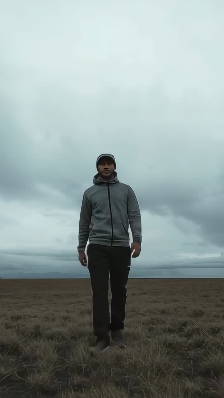 Vídeo vertical: começando no horizonte, homem andando em direção à câmera através da vegetação rasteira, usando boné