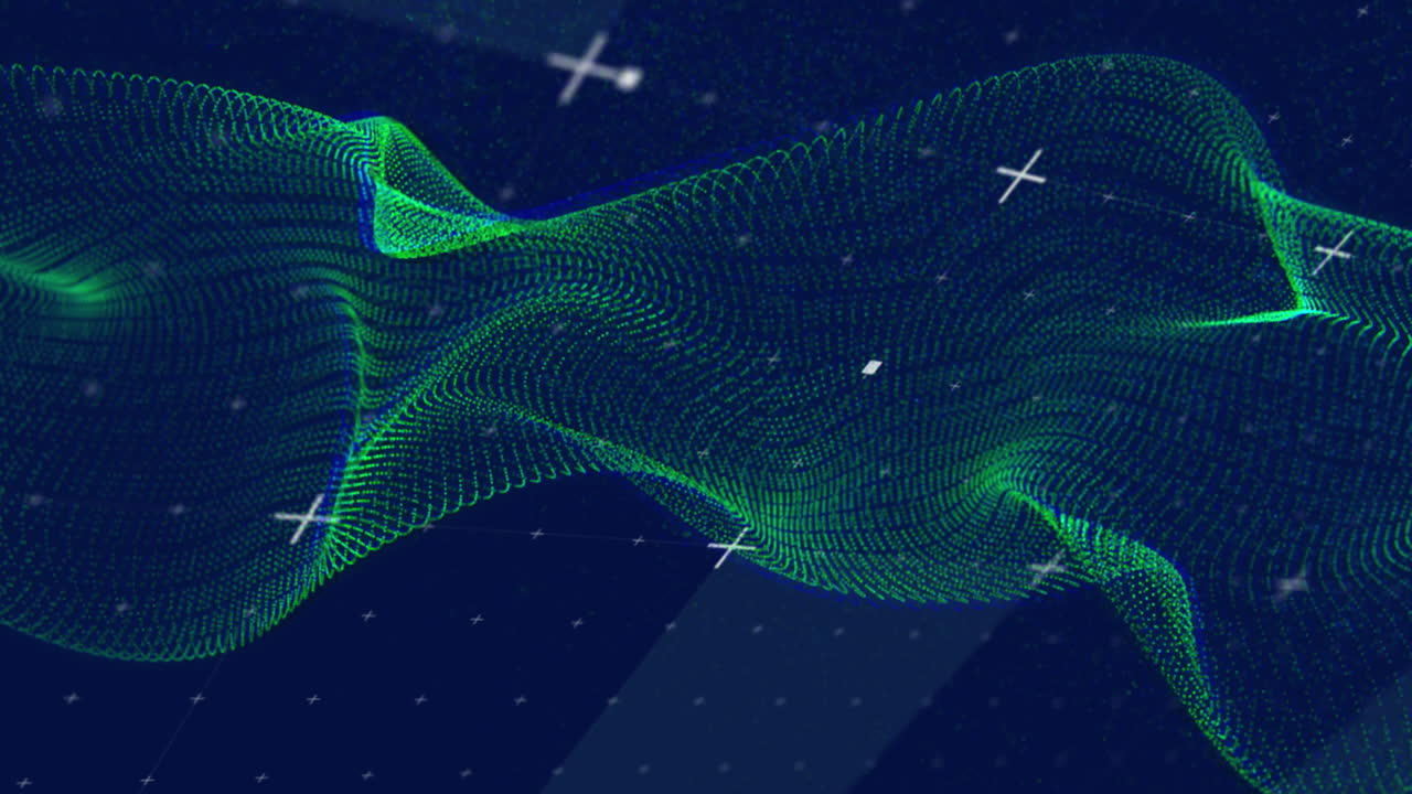 Animation of dynamic waves over plus symbol and dots against black background