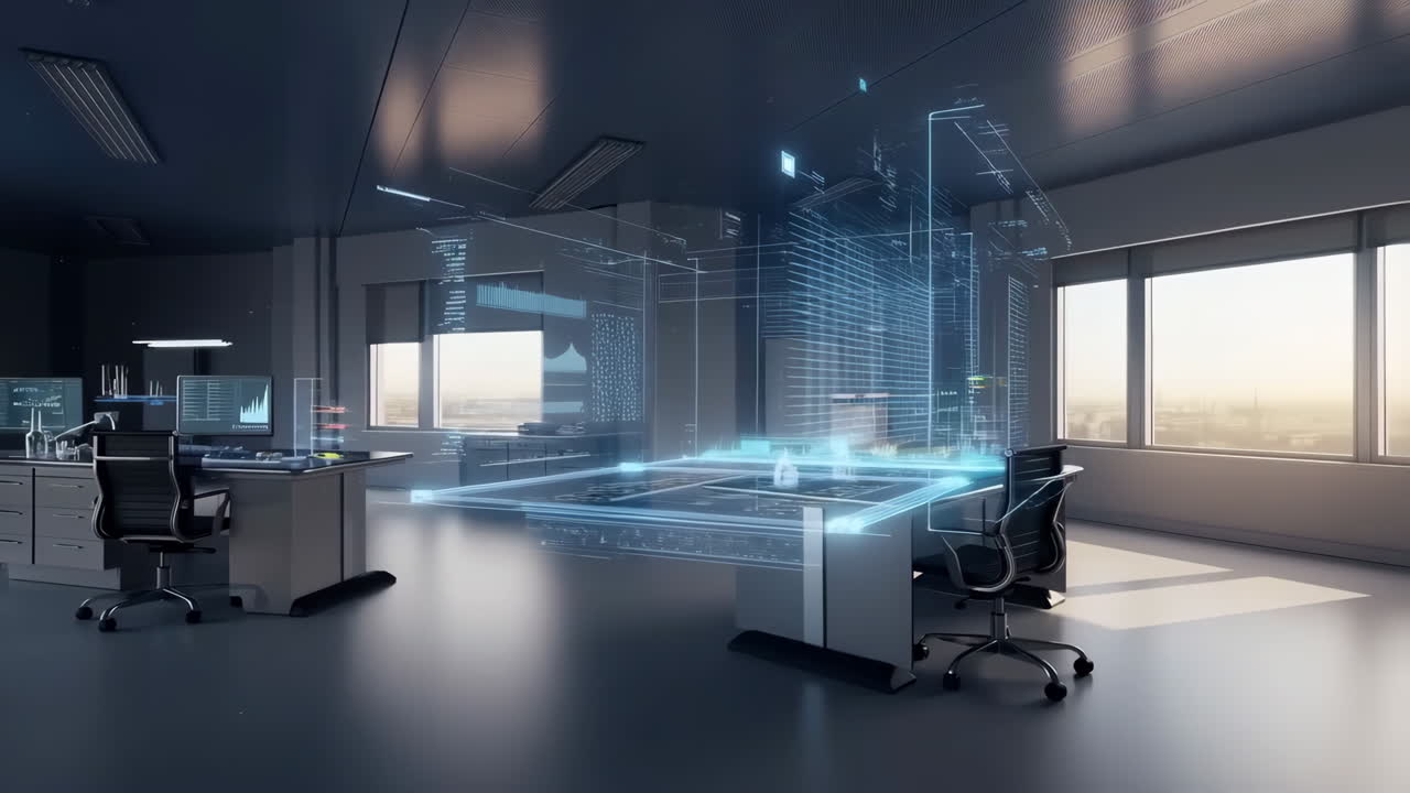 Futuristic High-Tech Office with Holographic Data Displays
