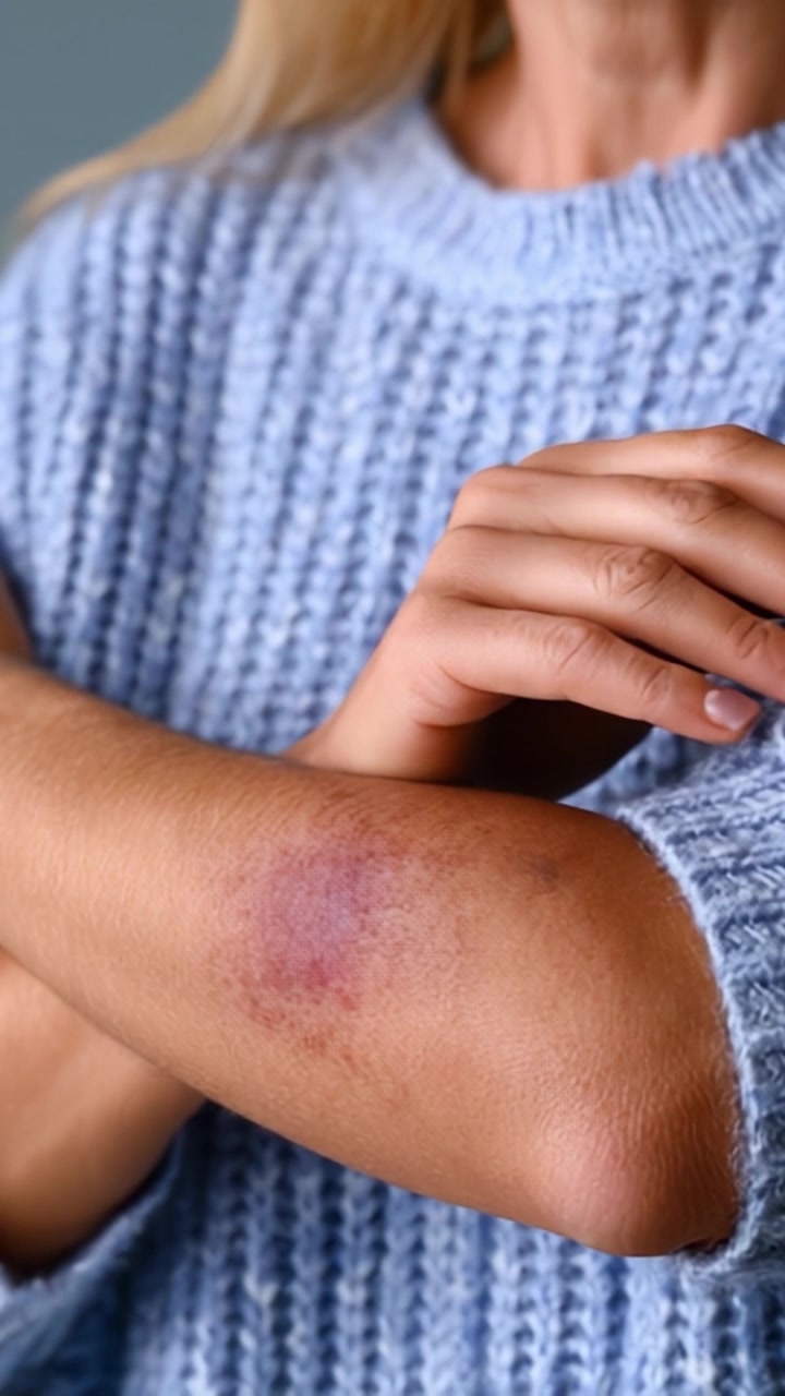 Un primo piano del braccio di una donna che mostra un livido sulla pelle, illustrando gli effetti di una lesione mentre indossa un comodo maglione blu, enfatizzando la guarigione e la cura.