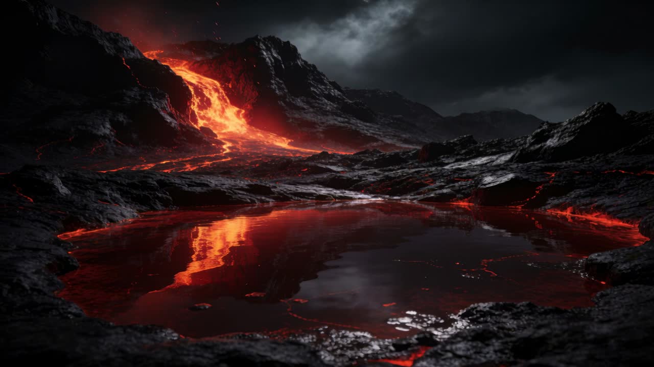 Lava fusa che scorre da una fessura lungo il pendio, alimentando una pozza a specchio su una piana di basalto, creando vapore.