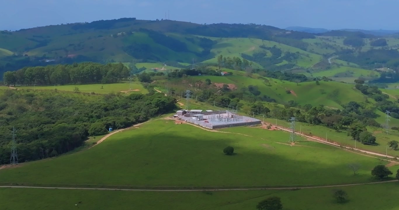 Electrical transmission substation surrounded by cattle pastureland and fragmented woodland Santo Antônio do Monte, Minas Gerais, Brazil within a rural Atlantic Forest and Cerrado transition aerial
