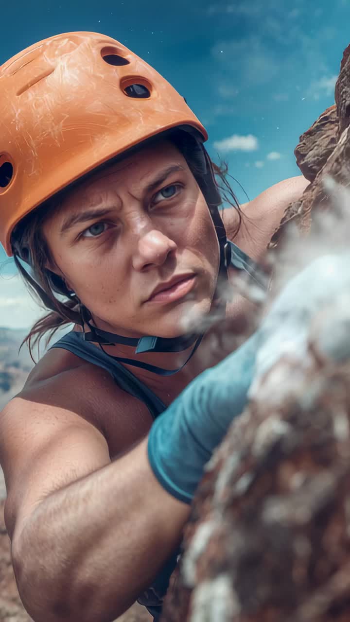 Vertical video: Releasing chalk, climber adjusting grip and climbing cliff wearing helmet and glove