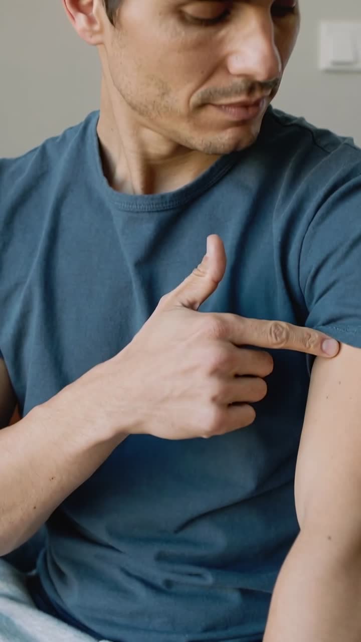 Vídeo vertical: Hombre señalando con camiseta azul, que se da cuenta de una mancha, trazando el antebrazo tocándose el cuello en casa, anillo