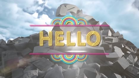 Animation-of-yellow-neon-hello-text-flickering-over-pile-of-crushed-rocks-in-background