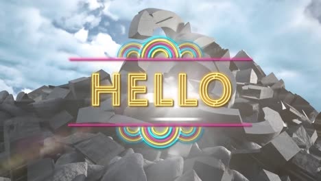 animación de texto de saludo de neón amarillo parpadeando sobre una pila de rocas trituradas en el fondo