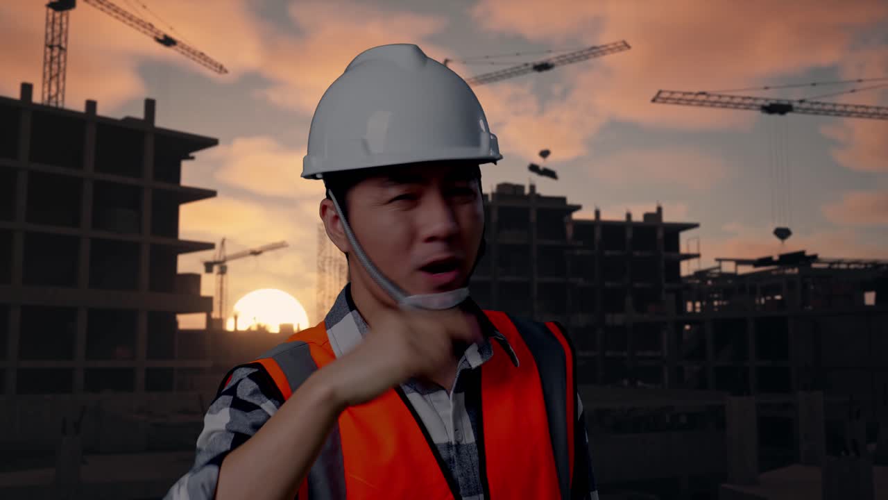 Close Up Of Angry Asian Male Engineer With Safety Helmet Shouting At Someone While Standing At Building & Construction Site in Progress to New House