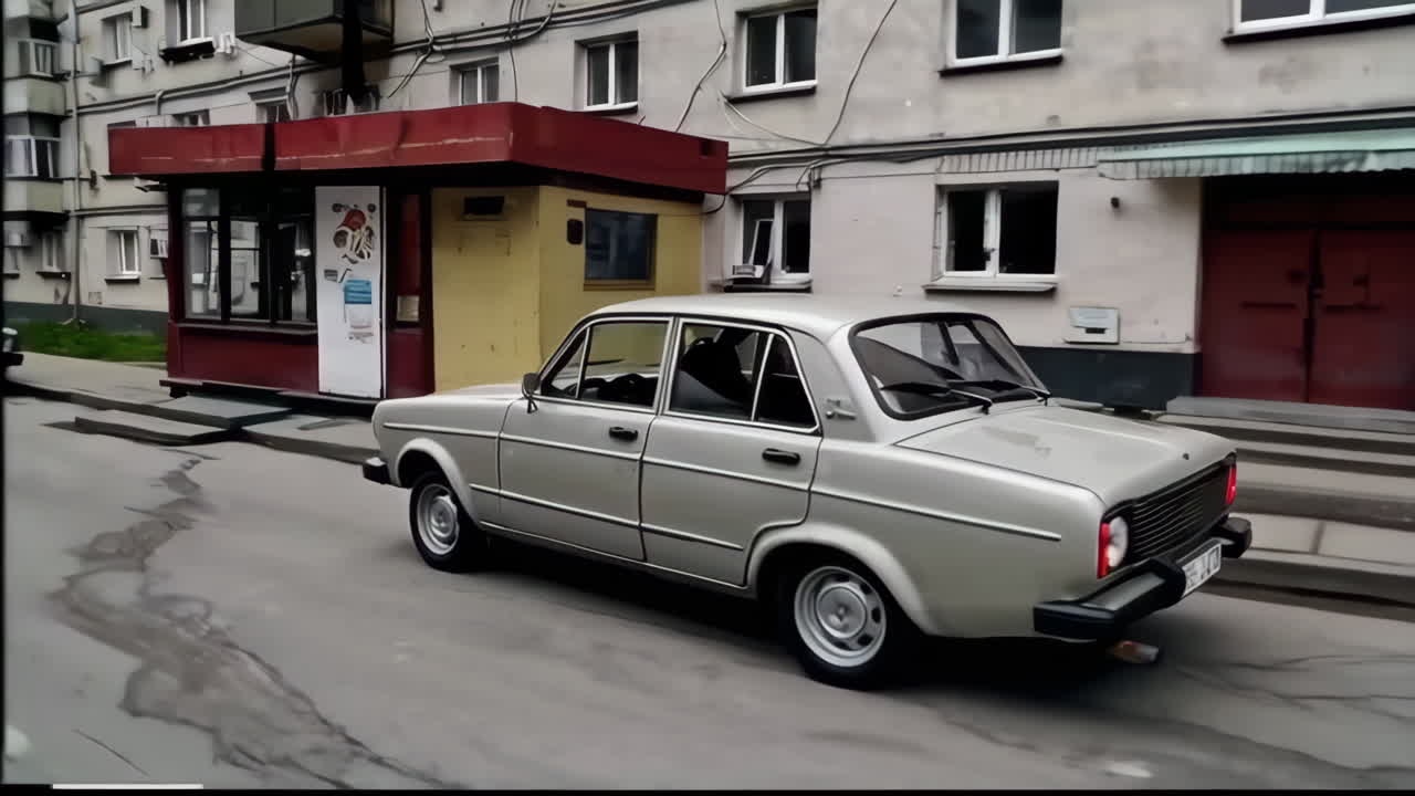 Soviet-era city street scene with cars