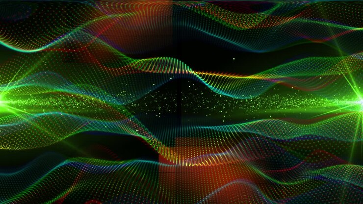 Animation of green lights and particles over 3d mesh spirals floating on black background