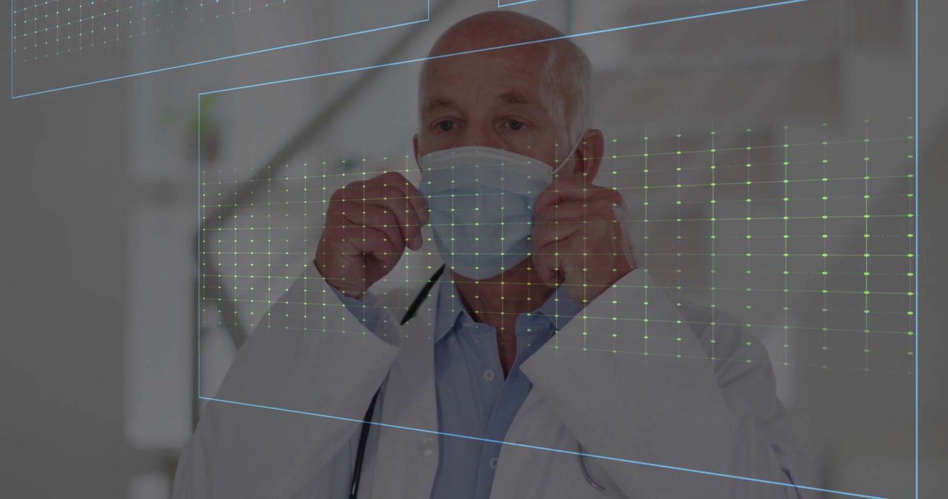 Dottore anziano che aggiusta la mascherina in corridoio medico, con linee olografiche della frequenza cardiaca