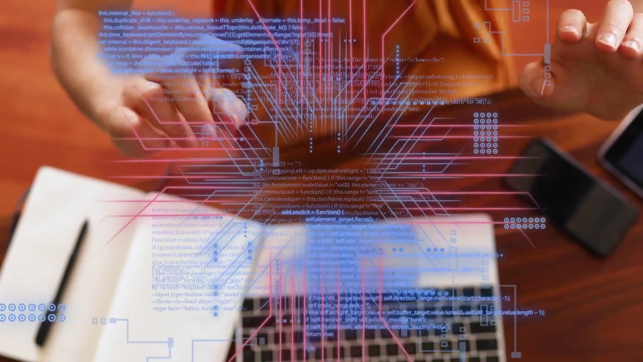 Hands hovering above laptop starting hologram, woman using UI, placing VR headset for tech demo