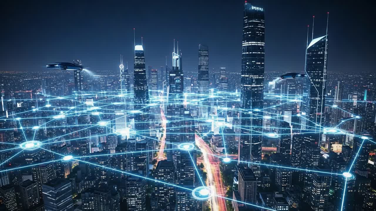 A Stunning Nighttime Cityscape Illuminated by Digital Connectivity and Smart Technology, Showcasing the Future of Urban Life with Dynamic Light Patterns and Innovative Structures