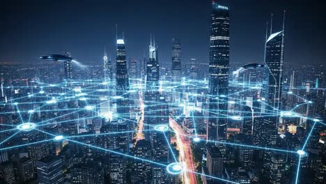 a stunning nighttime cityscape illuminated by digital connectivity and smart technology, showcasing the future of urban life with dynamic light patterns and innovative structures