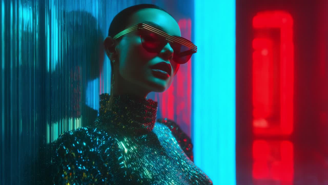Stylish Model in Metallic Attire with Bold Sunglasses Against a Vibrant Neon Background, Capturing a Futuristic Aesthetic Full of Glamor and Intrigue in a Stunning Visual Presentation