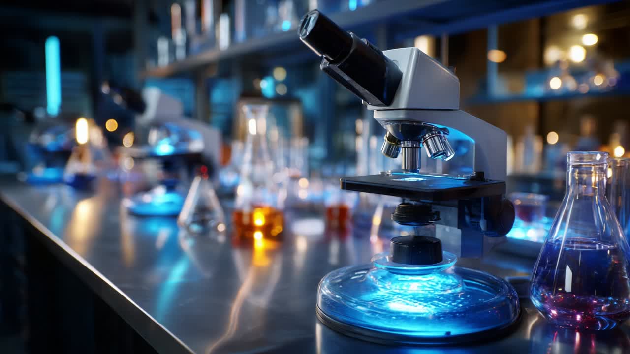Exploring the World of Microscopy: A Glimpse into a Modern Laboratory Featuring High-Tech Microscopes Surrounded by Colorful Glassware and Scientific Equipment Under Blue Lighting