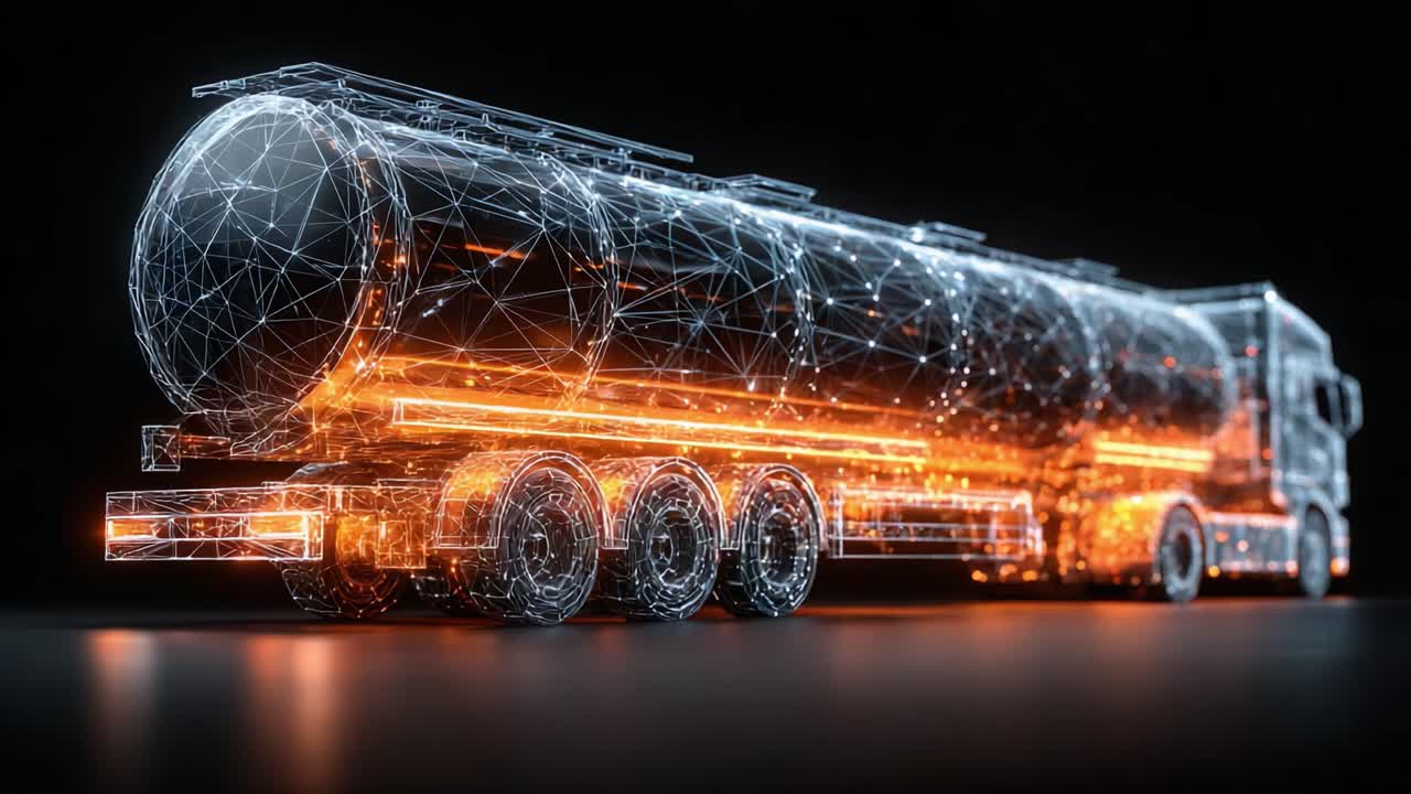 A captivating representation of a futuristic tanker truck, showcasing intricate connections and glowing elements that illuminate its form against a dark background, symbolizing innovation and technology