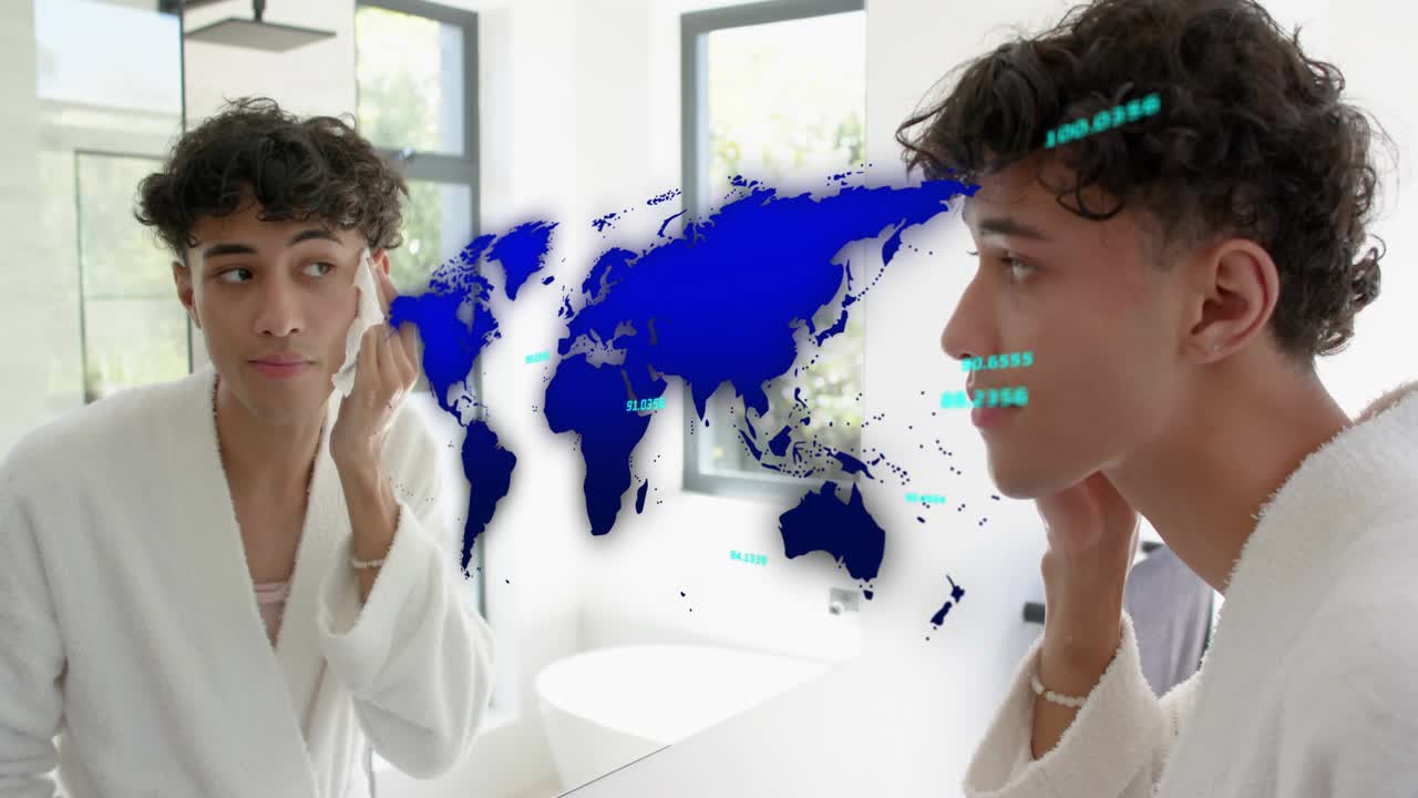 Man checking reflection and wiping face with cloth for skincare, blue world-map overlay shifting