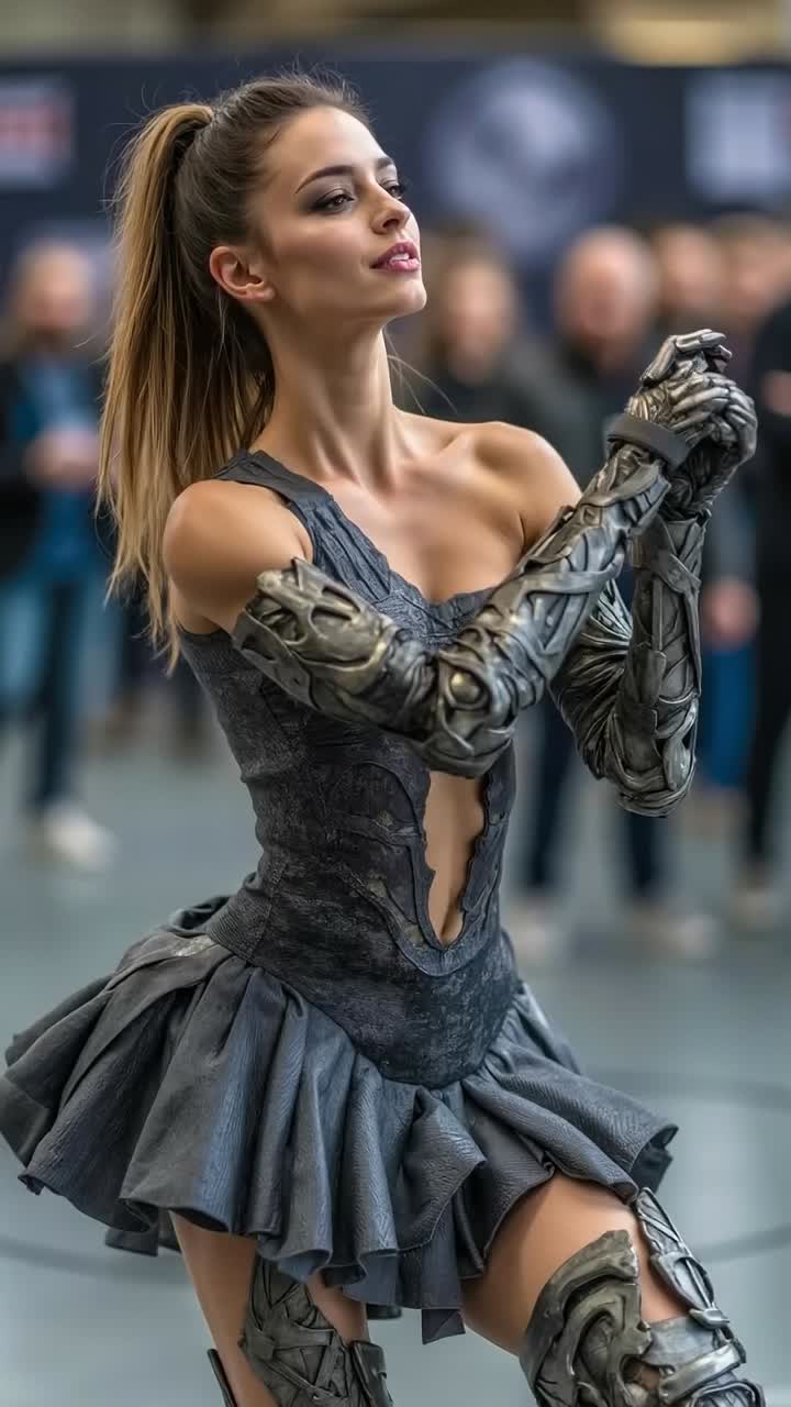 Anmutige Cyborg-Frau in grauem Kleid, posiert mit erhobenen Armen auf einem Event.