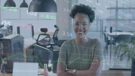 animation of financial data processing over african american businesswoman in office