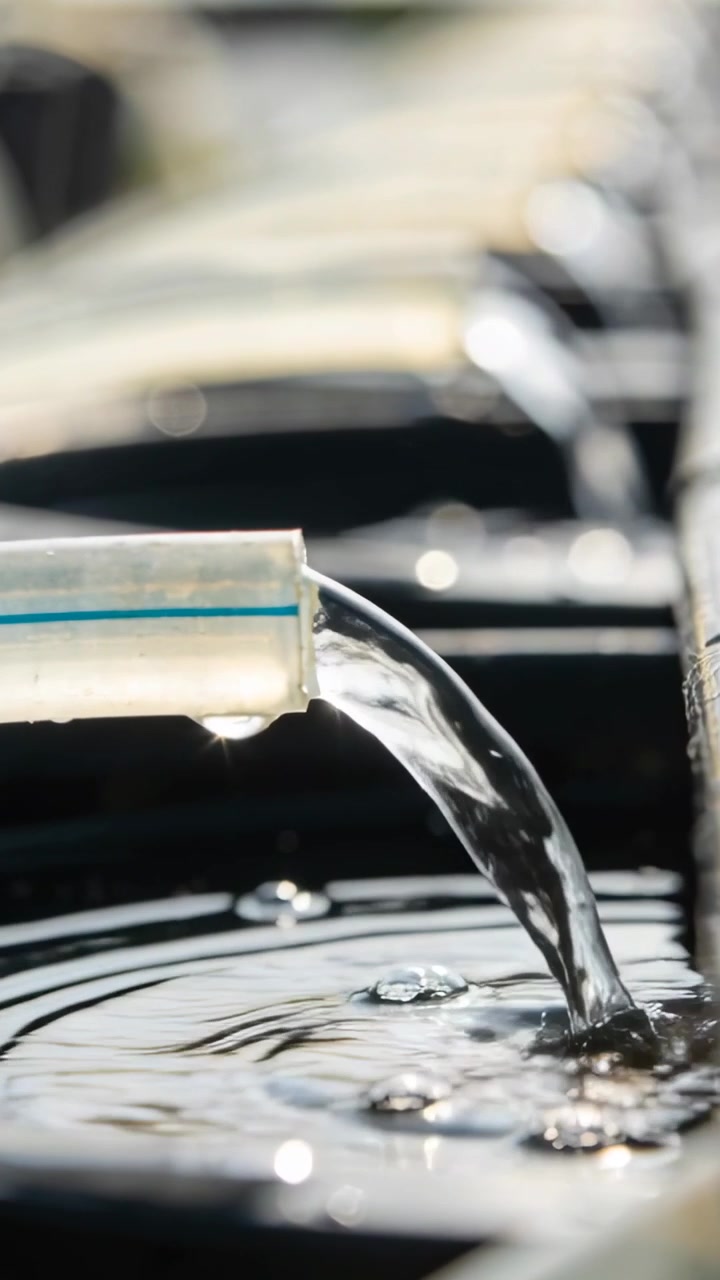 Video verticale: Versare acqua da un beccuccio a strisce blu in una bacinella nera fino alla linea di riempimento, creando increspature