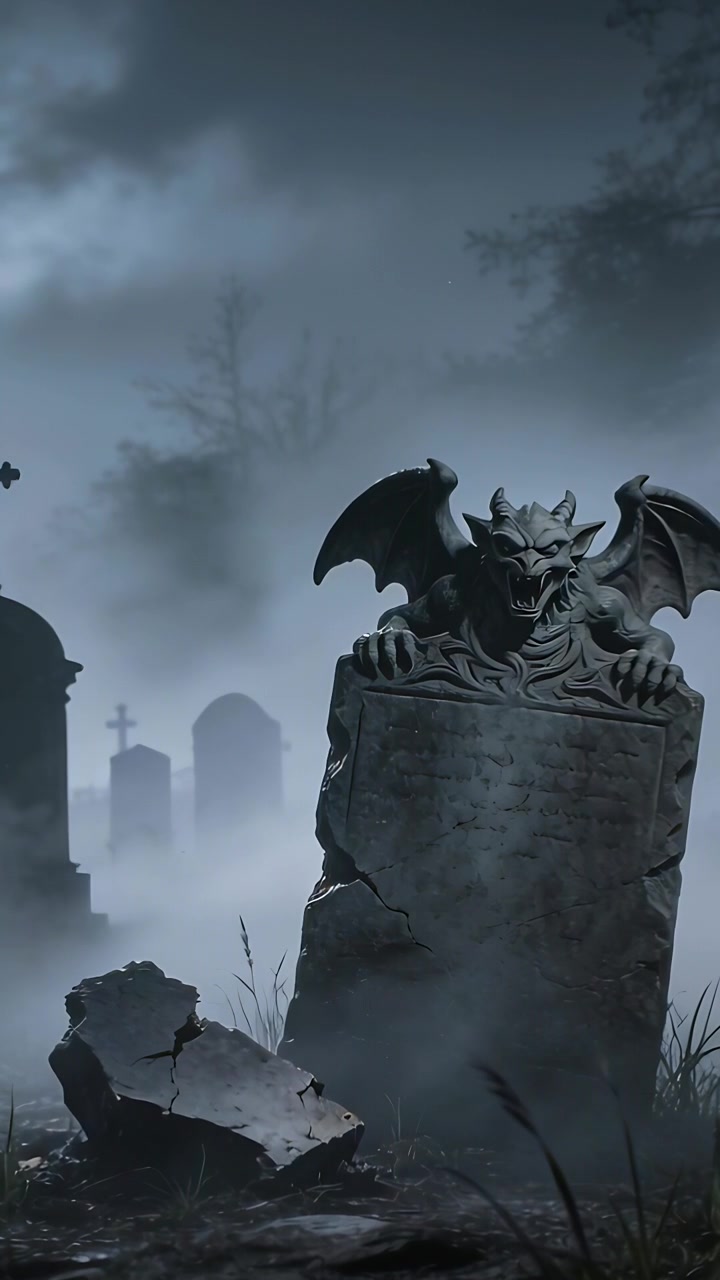 Video verticale: Nebbia che si infittisce, lapide con gargoyle che rivela un volto e una lastra rotta, cimitero.