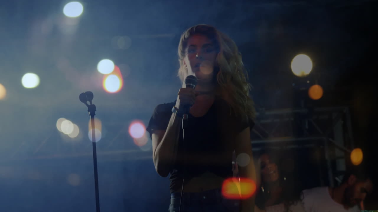 Female singer holding mic, performing music under lights, city bokeh behind, sound bars rising
