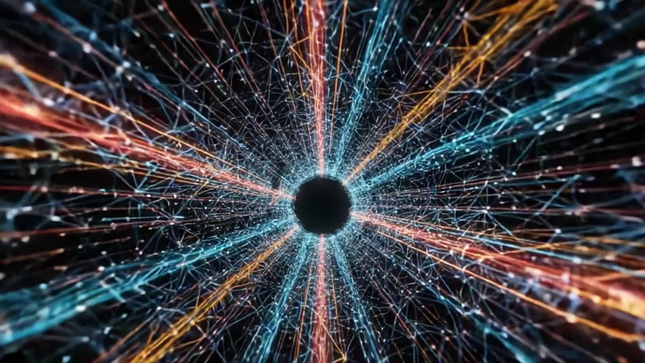 A visually captivating representation of an abstract technological concept as colorful lines and particles converge and radiate from a central black void, symbolizing data flow and connectivity