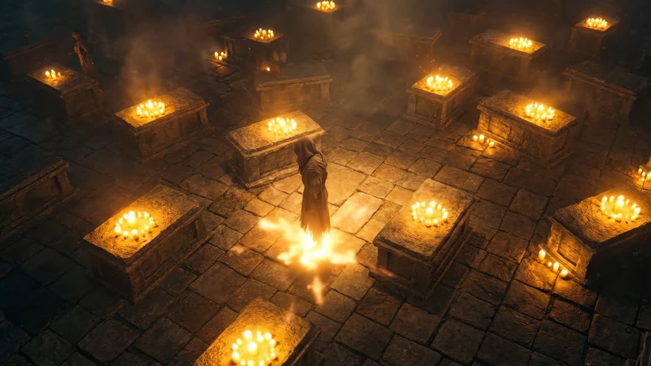 Figura ammantata che lancia un incantesimo in un'antica camera illuminata a lume di candela.