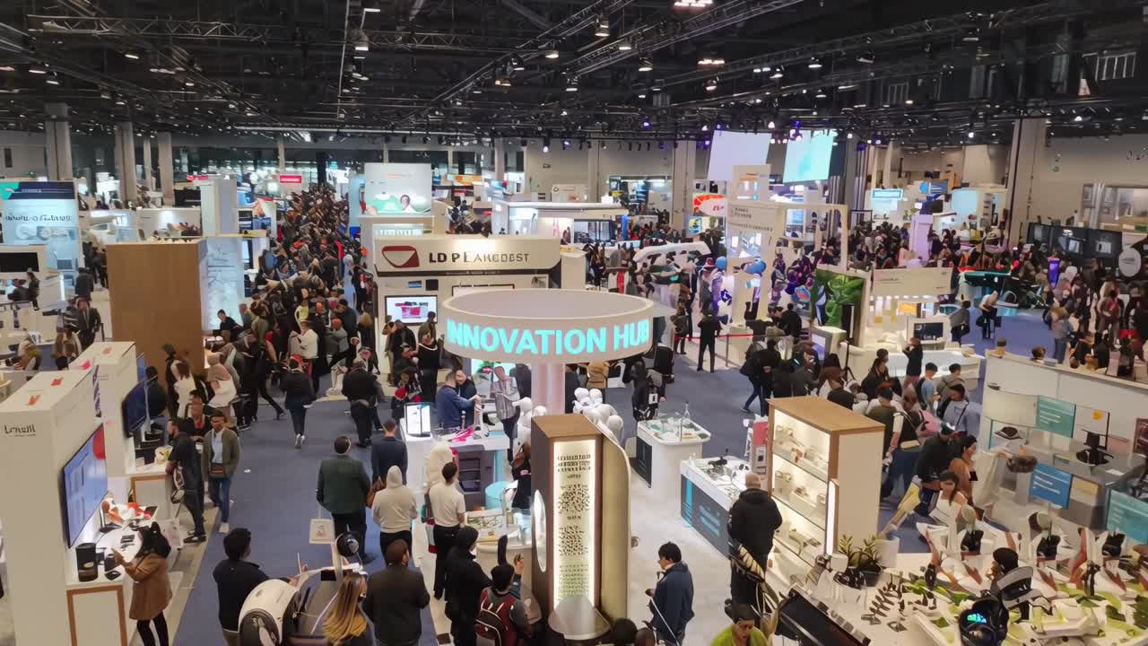 High-angle video of a bustling trade show with numerous booths and a large crowd