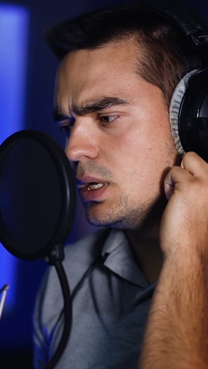 Emotional song performance in modern studio. Male singer wearing headphones sings in a professional microphone. Close up. Vertical video