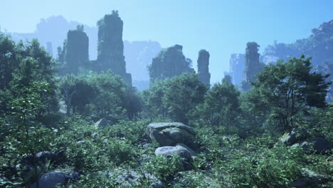 misty fantasy landscape with towering rock formations