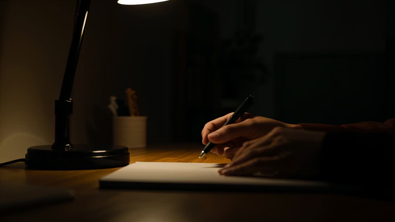 Een lamp verlicht papier, schrijvende handen in een donkere longsleeve bewegen een pen over het bureau en maken aantekeningen voor het werk.