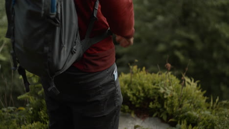 一名年轻的徒步旅行者在森林里跟着杆子走, 停下来看着小册子和山谷的景色