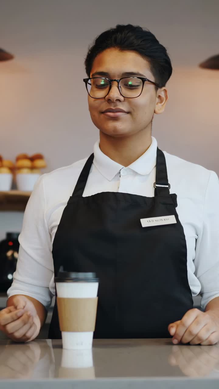 Vertical video: Picking up barista in apron extending lidded cup, serving customer at cafe counter