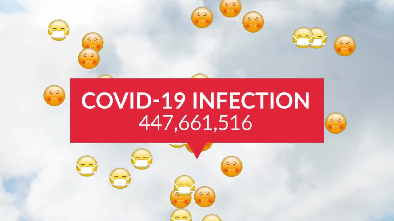 animación del procesamiento de datos de covid 19 sobre múltiples emojis enfermos con máscaras faciales