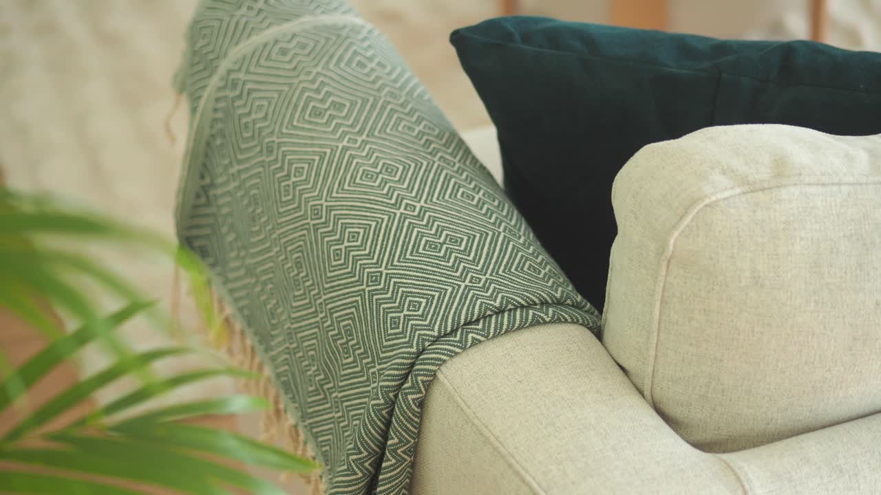 Cozy Sofa with Green Patterned Throw Blanket and Pillow