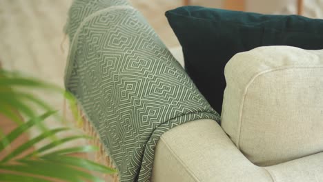 cozy sofa with green patterned throw blanket and pillow