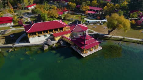 drone shot of shangrila resort on shangrila lake in skardu, pakistan