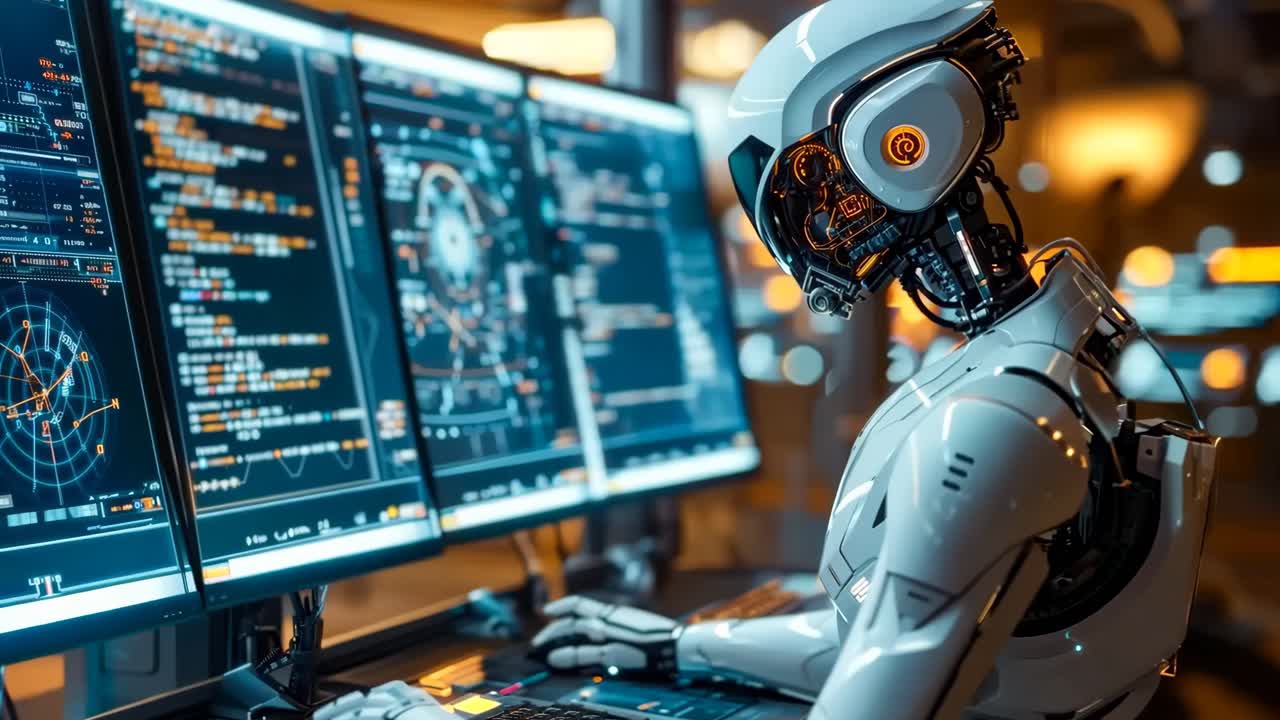 A robot sitting at a desk in front of multiple computer monitors