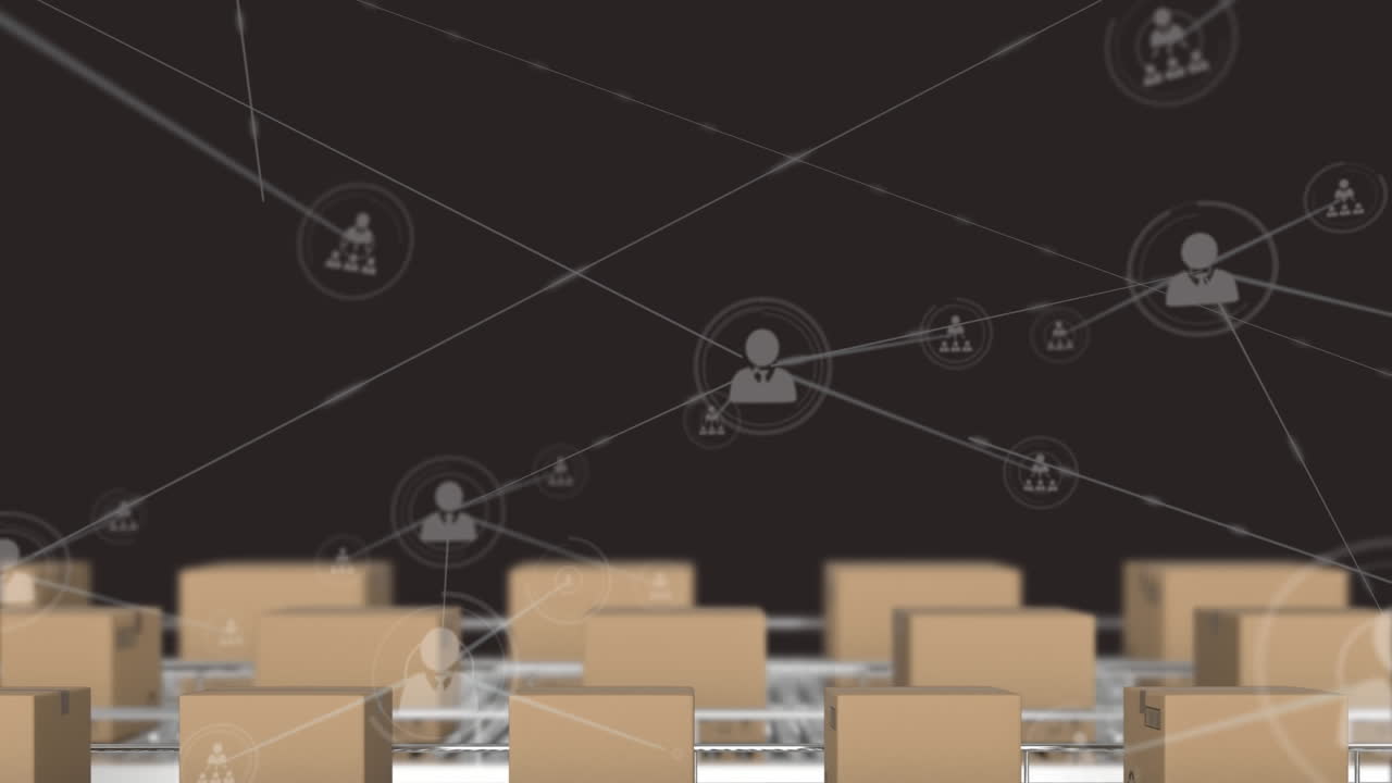 animación de la red de conexiones sobre cajas en cintas transportadoras en el almacén